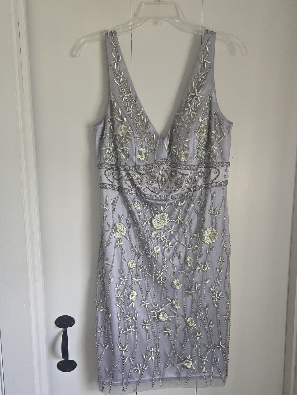 Sue Wong Gray/silver Embroidered V-Neck Cocktail Dress